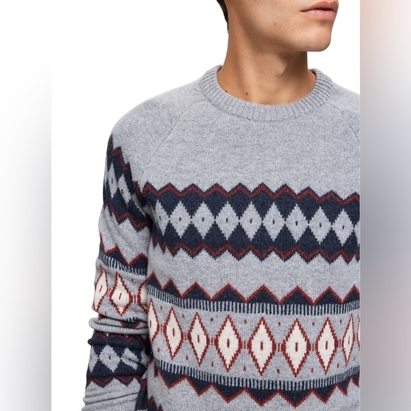 2/49$ Men’s SELECTED Fair Isle Raglan-Sleeve wool blend grey Sweater Sz‎ Large - Picture 12 of 13